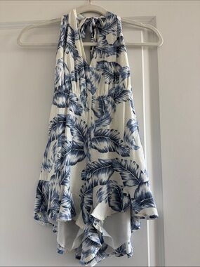 Blue & White Tropical Halter Romper